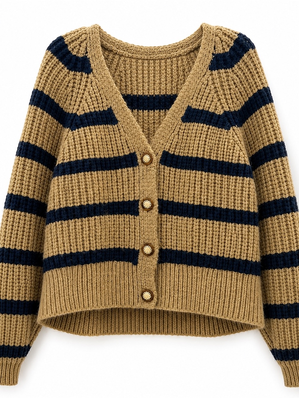 Lush Tan Navy Striped Chunky Knit Cropped Cardigan L Gold Buttons